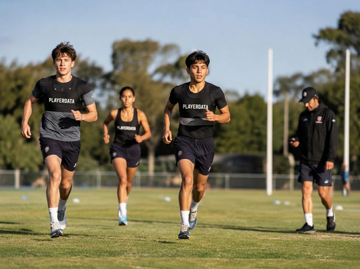 Club athletes sprinting on an oval wearing PlayerData GPS vests